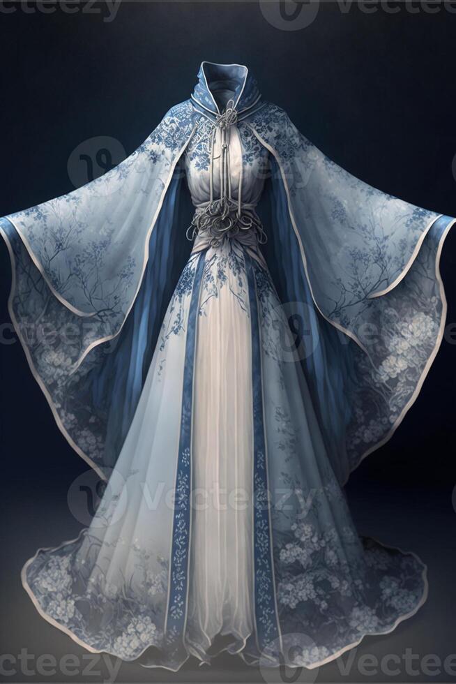 Blau und Weiß Kleid auf ein Mannequin. generativ ai. foto