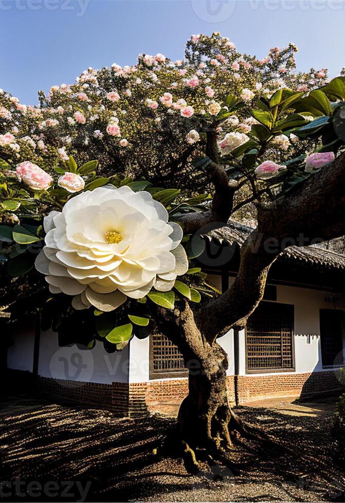 ein Kamelie Baum im voll blühen. generativ ai foto