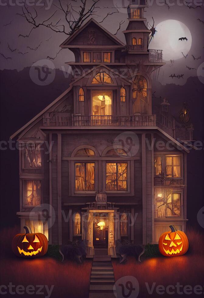 Halloween Hexe Haus ausdrucksvoll Gouache. generativ ai foto