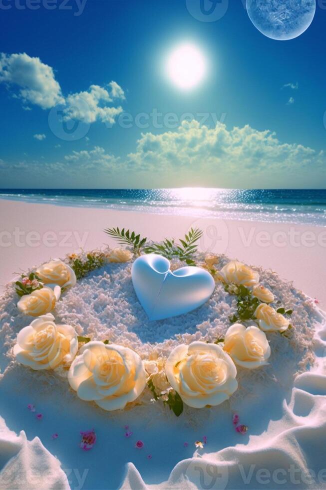 Herz geformt Kuchen Sitzung auf oben von ein sandig Strand. generativ ai. foto