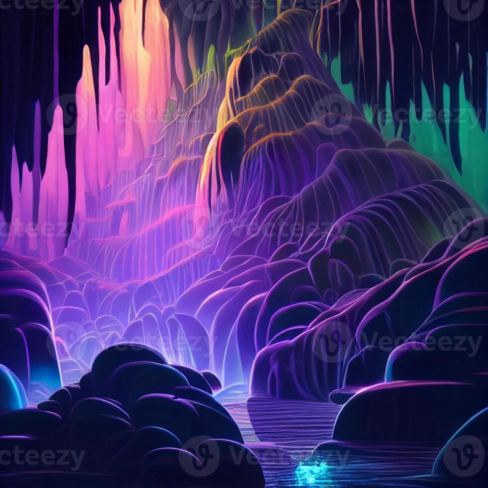 Gemälde von ein Wasserfall im ein Höhle. generativ ai. foto