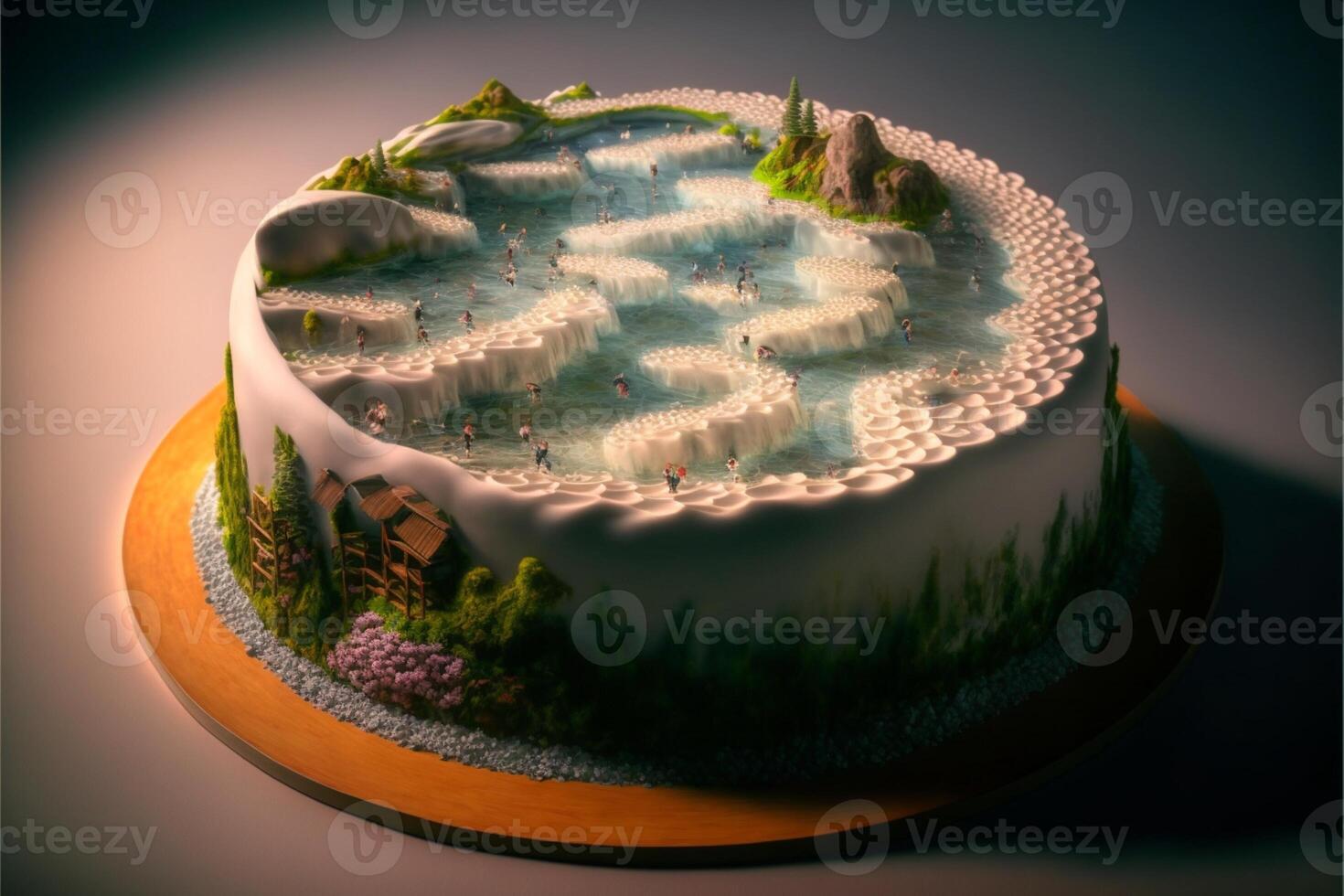 Kuchen Sitzung auf oben von ein hölzern Platte. generativ ai. foto