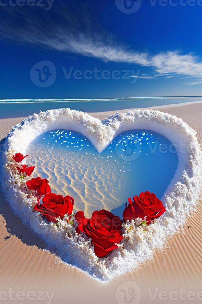 Herz geformt Anordnung von rot Rosen auf ein sandig Strand. generativ ai. foto