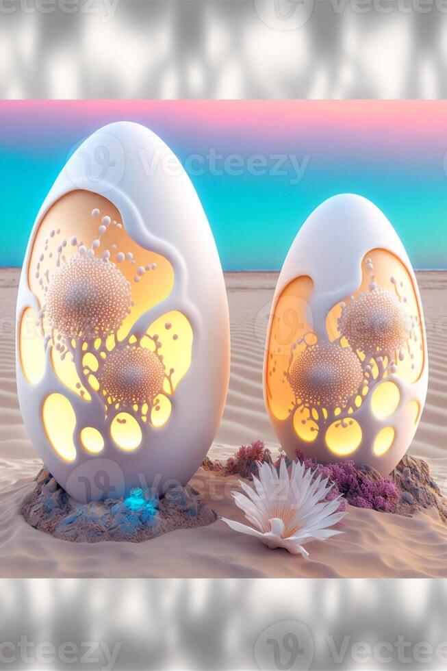 Paar von Weiß Eier Sitzung auf oben von ein sandig Strand. generativ ai. foto
