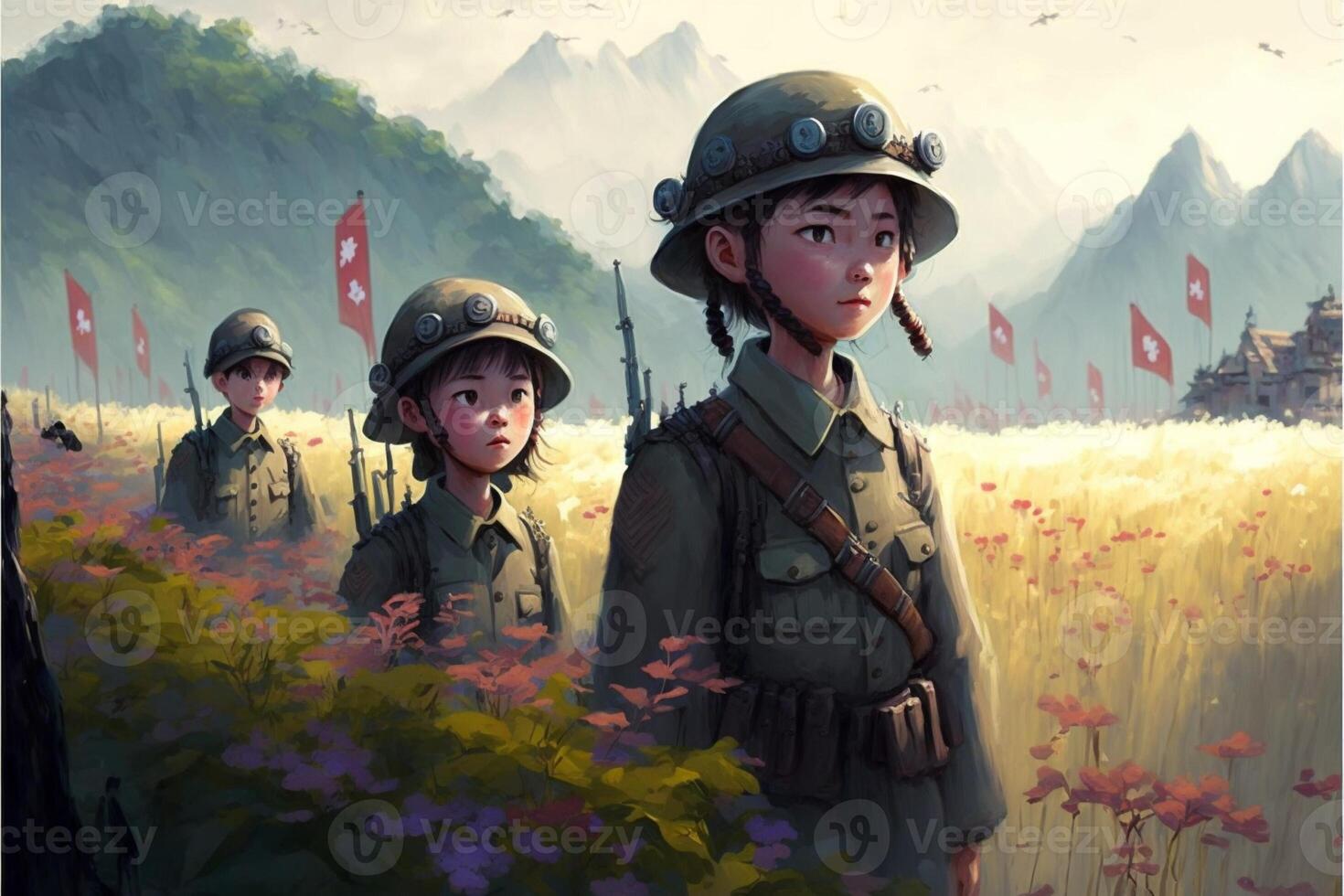 Gruppe von Soldaten Stehen im ein Feld von Blumen. generativ ai. foto