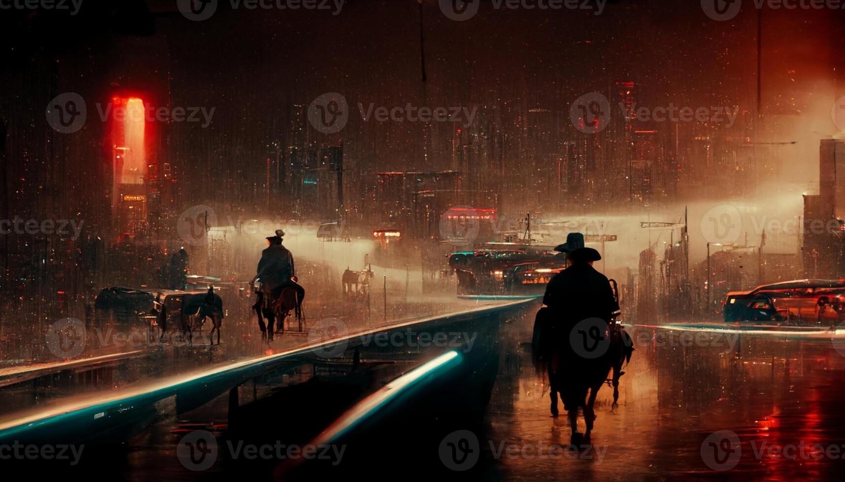 Paar von Menschen Reiten Pferde im das Regen. generativ ai. foto