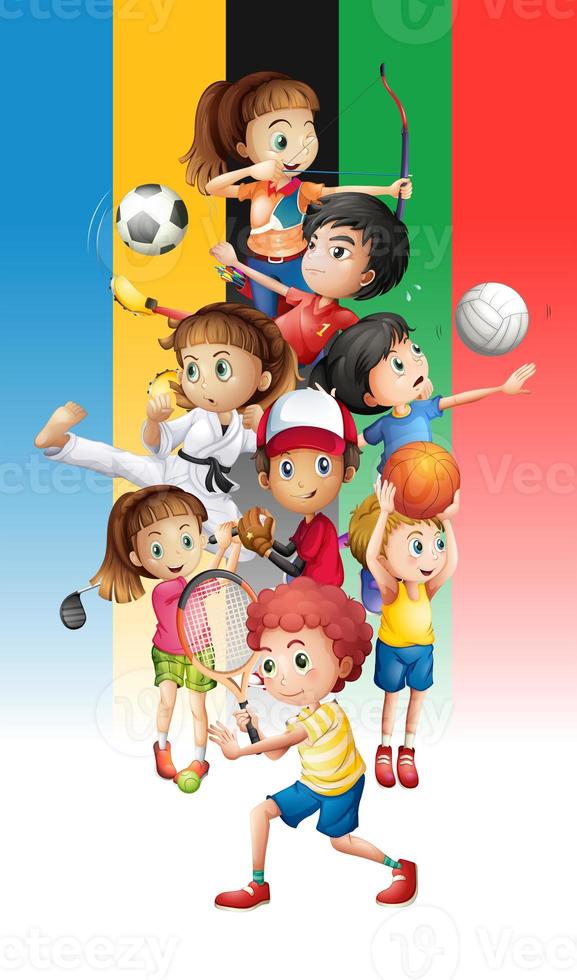 Plakat von Kindern, die verschiedene Sportarten ausüben foto