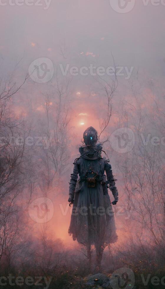 Person Stehen im das Mitte von ein nebelig Wald. generativ ai. foto