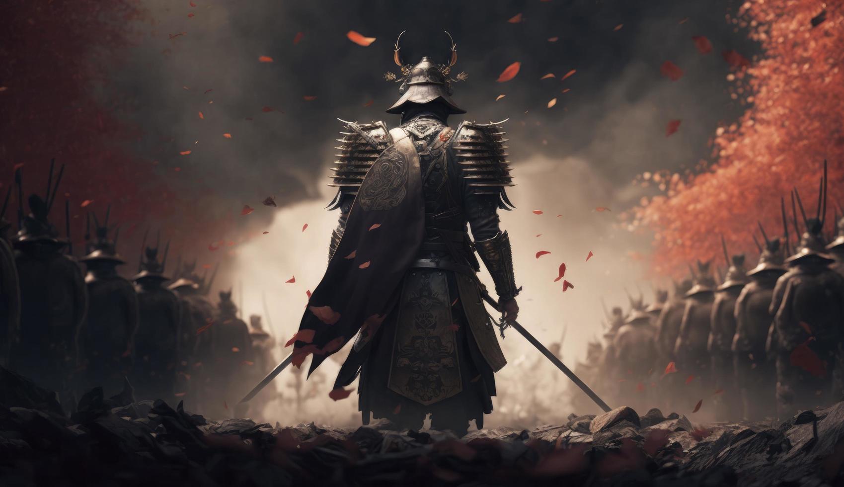 Illustration Gemälde ein Samurai mit ein Katana steht bereit zu Kampf gegen ein enorm Armee. 3d Illustration. 3d Illustration, Digital Kunst Stil, generieren ai foto