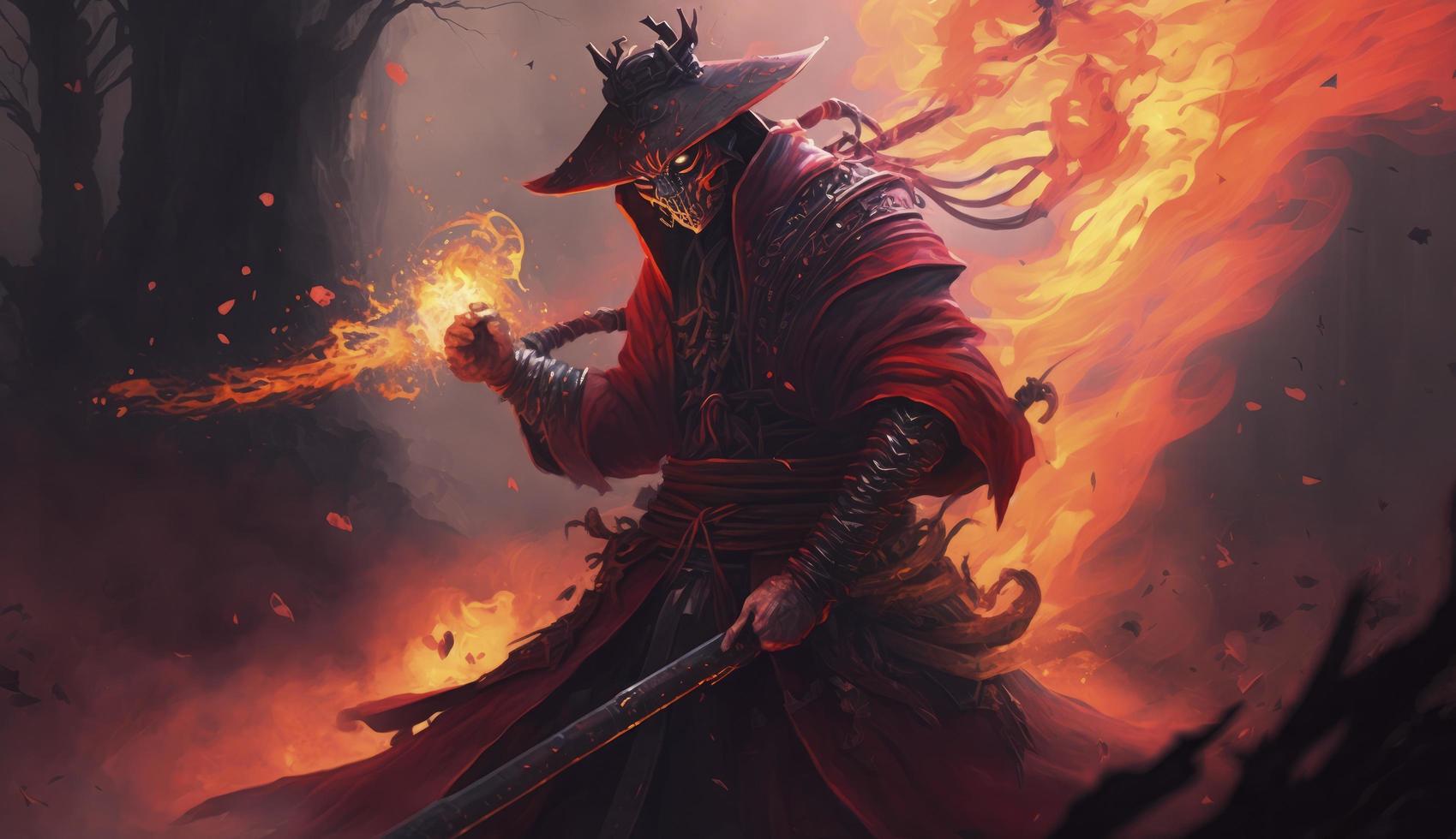 ein Samurai im ein dämonisch rot Maske auf das Schlachtfeld macht ein schwingen mit ein Katana Erstellen ein brutzelnd Feuer Ring um, er ist ein mystisch martialisch. Illustration malen, generieren ai foto