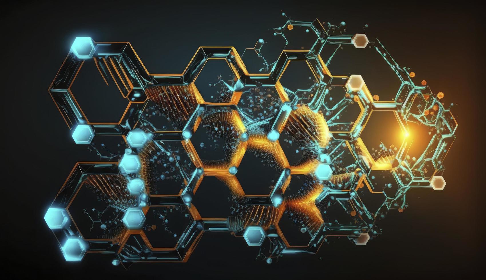 genetisch Ingenieurwesen und molekular Struktur, Hexagon DNA Netzwerk, Wissenschaft chemisch und Biotechnologie Konzept, Innovation Technologie, Gesundheitspflege, und Medizin Design, generieren ai foto