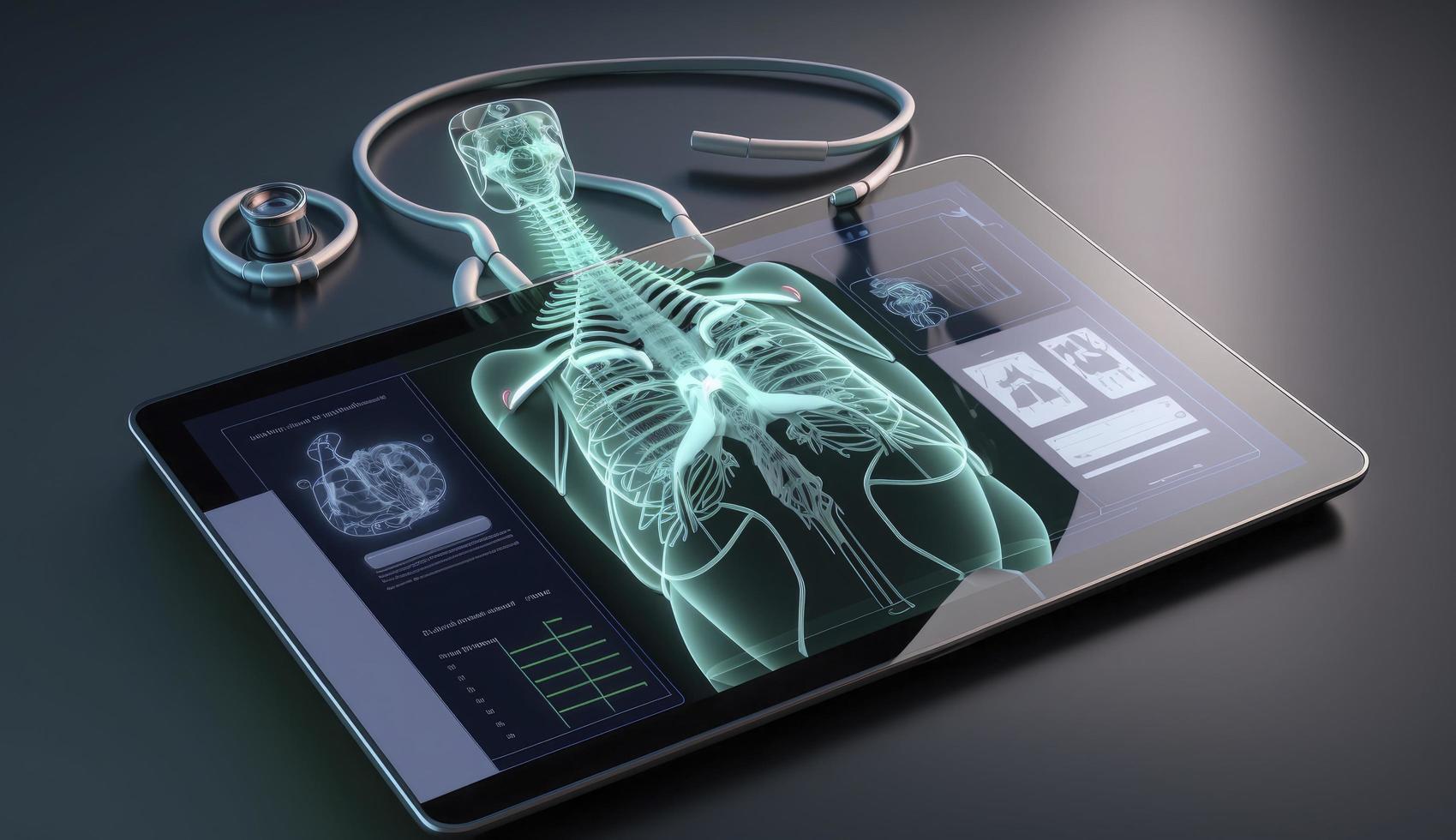 schließen oben von ein Stethoskop und Digital Tablette mit virtuell elektronisch medizinisch Aufzeichnung von geduldig auf Schnittstelle. Digital Gesundheitswesen und Netzwerk auf modern virtuell Bildschirm, generieren ai foto