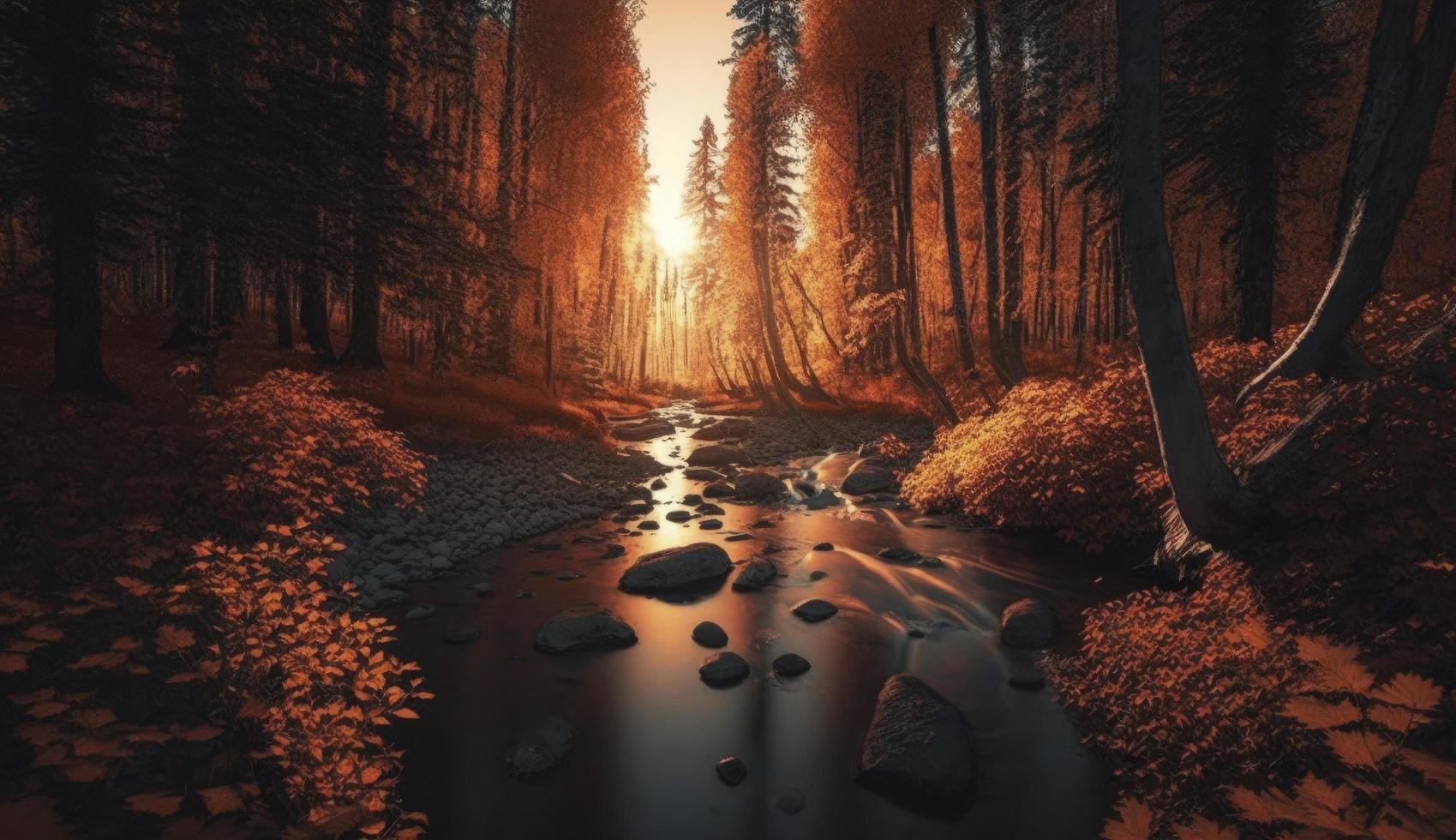 Herbst Wald und Wald Strom beim Sonnenuntergang, generieren ai foto
