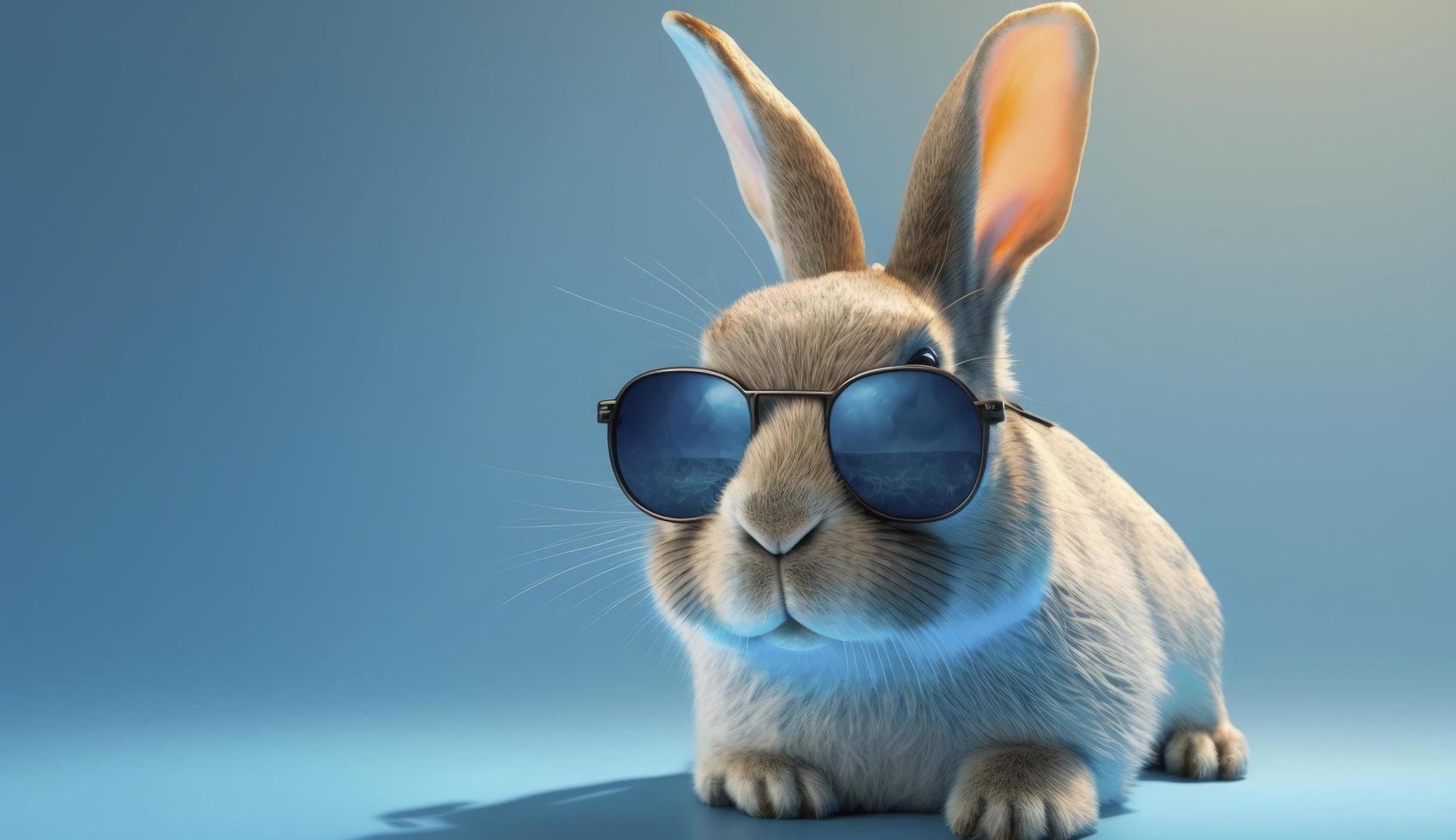 glücklich cool Hase komisch mit Sonnenbrille auf Blau Hintergrund, generieren ai foto