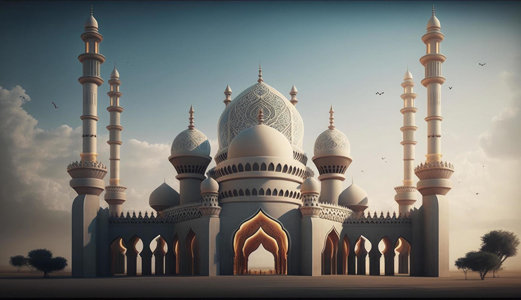 Illustration von tolle die Architektur Design von Muslim Moschee Ramadan karem, islamisch die Architektur Hintergrund Ramadan karem, islamisch Moschee, Ramdan, Ramzan, eid, Kultur, Arabisch, generieren ai foto