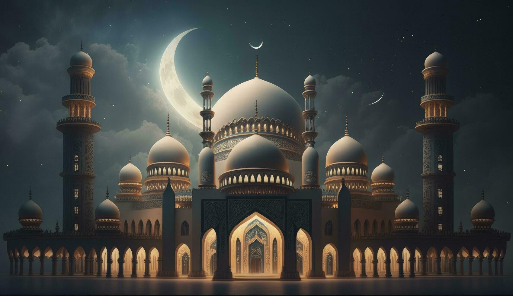 Illustration von tolle die Architektur Design von Muslim Moschee Ramadan karem, islamisch die Architektur Hintergrund Ramadan karem, islamisch Moschee, Ramdan, Ramzan, eid, Kultur, Arabisch, generieren ai foto