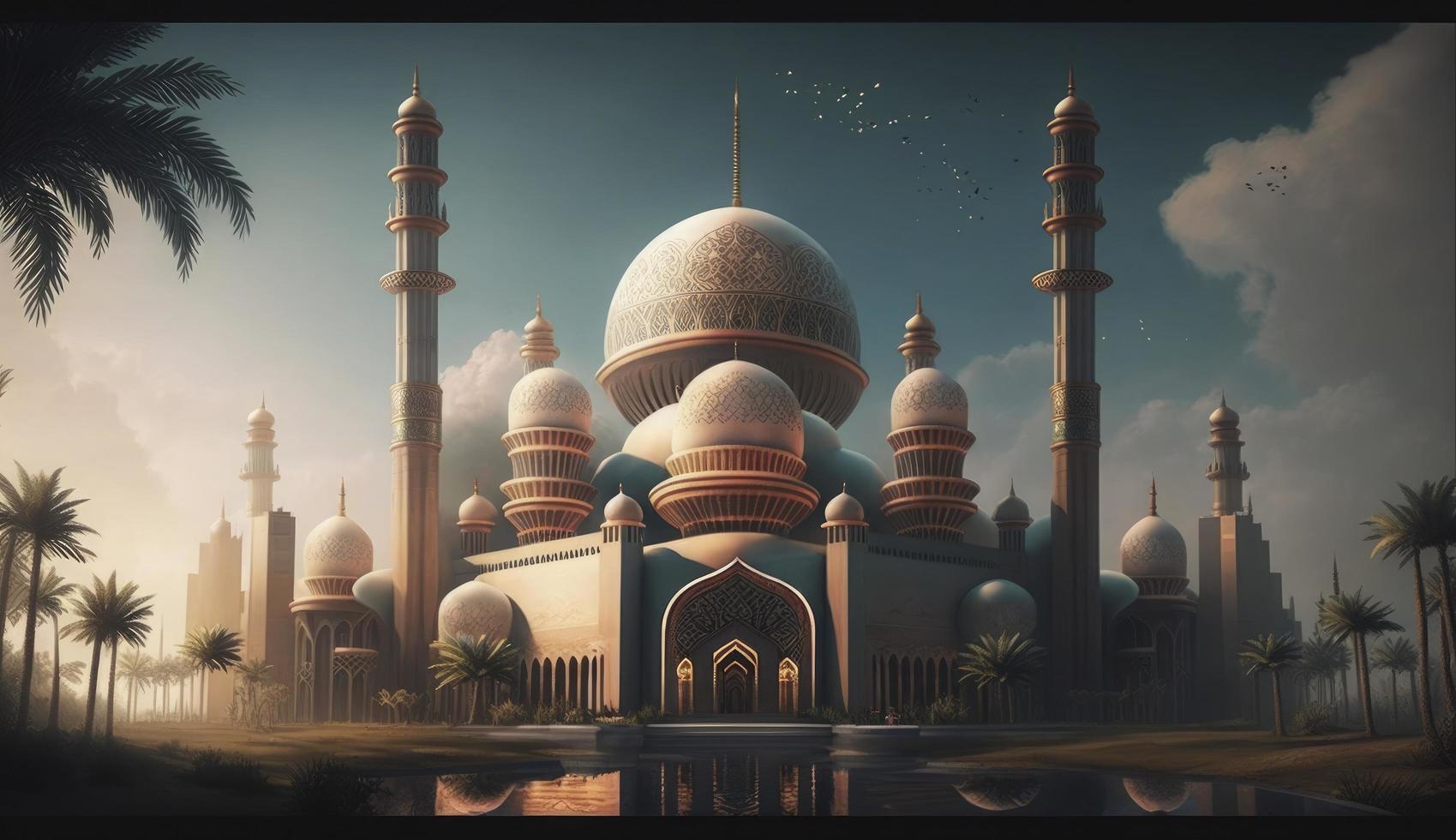 Illustration von tolle die Architektur Design von Muslim Moschee Ramadan karem, islamisch die Architektur Hintergrund Ramadan karem, islamisch Moschee, Ramdan, Ramzan, eid, Kultur, Arabisch, generieren ai foto