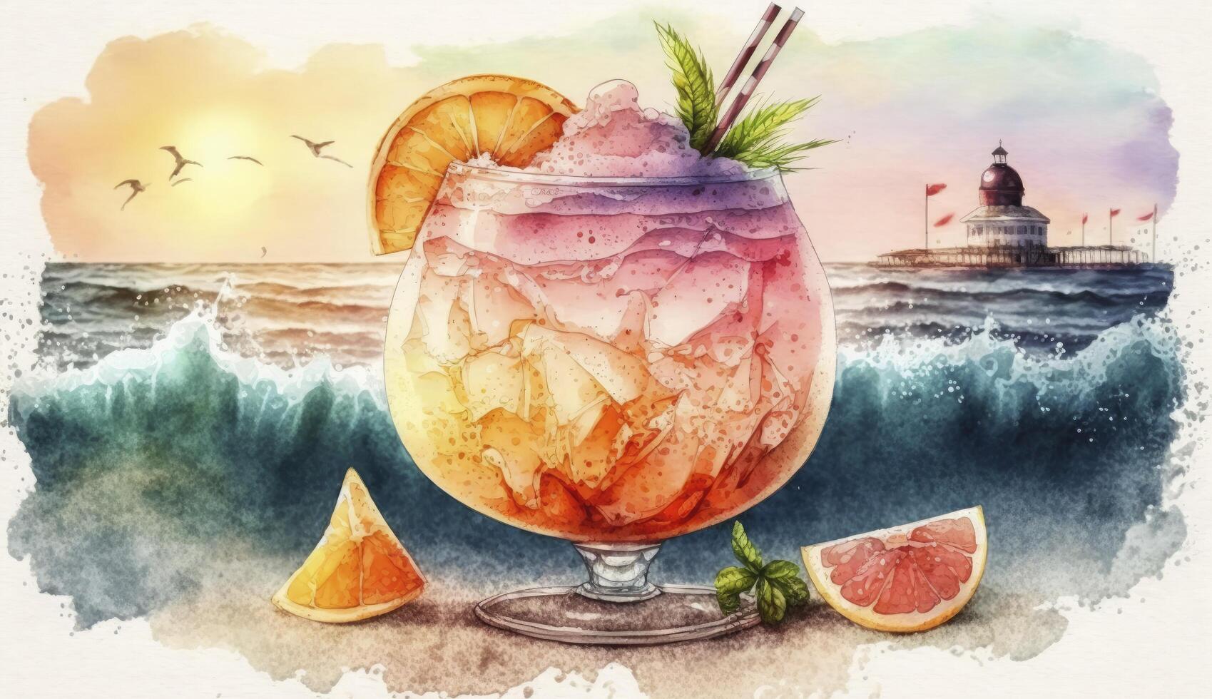 Grapefruit Sommer- Cocktail auf Meer, Aquarell Stil Illustration, generativ ai foto