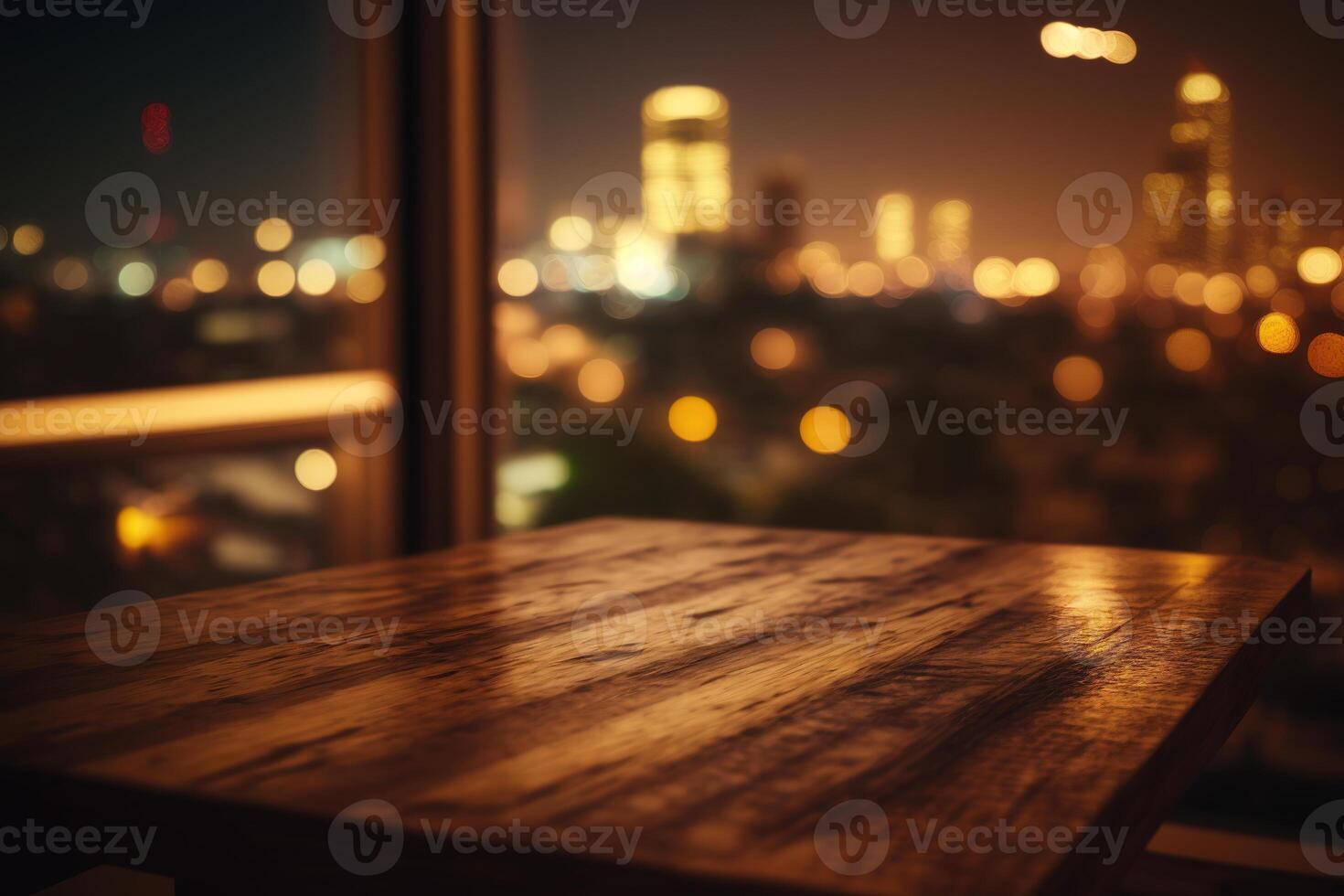 Holz Tabelle oben auf verwischen Glas Fenster Mauer Gebäude Hintergrund. ai generiert foto