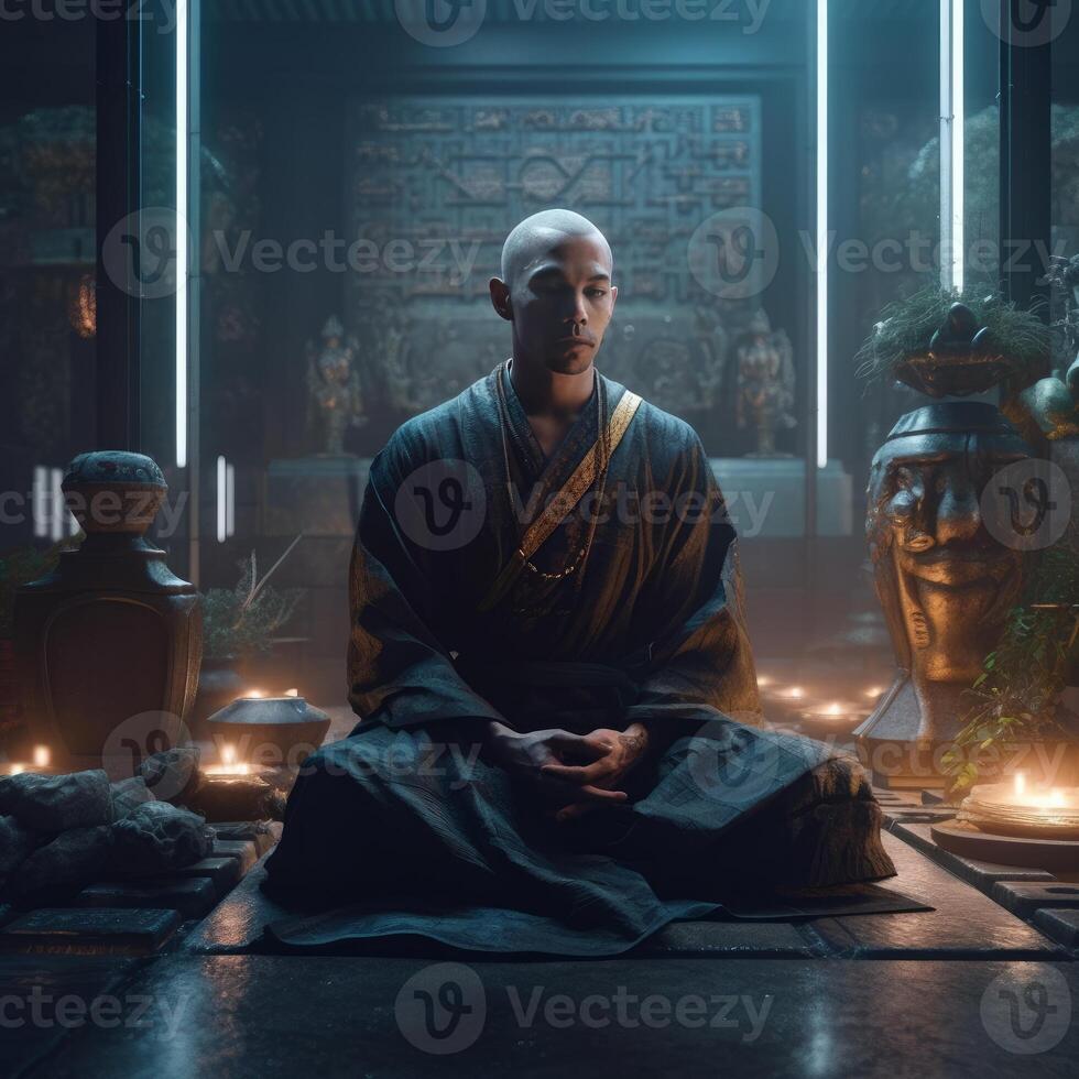 Bild von gut aussehend gemischtrassig Mönch sitzt auf das Boden generativ ai foto