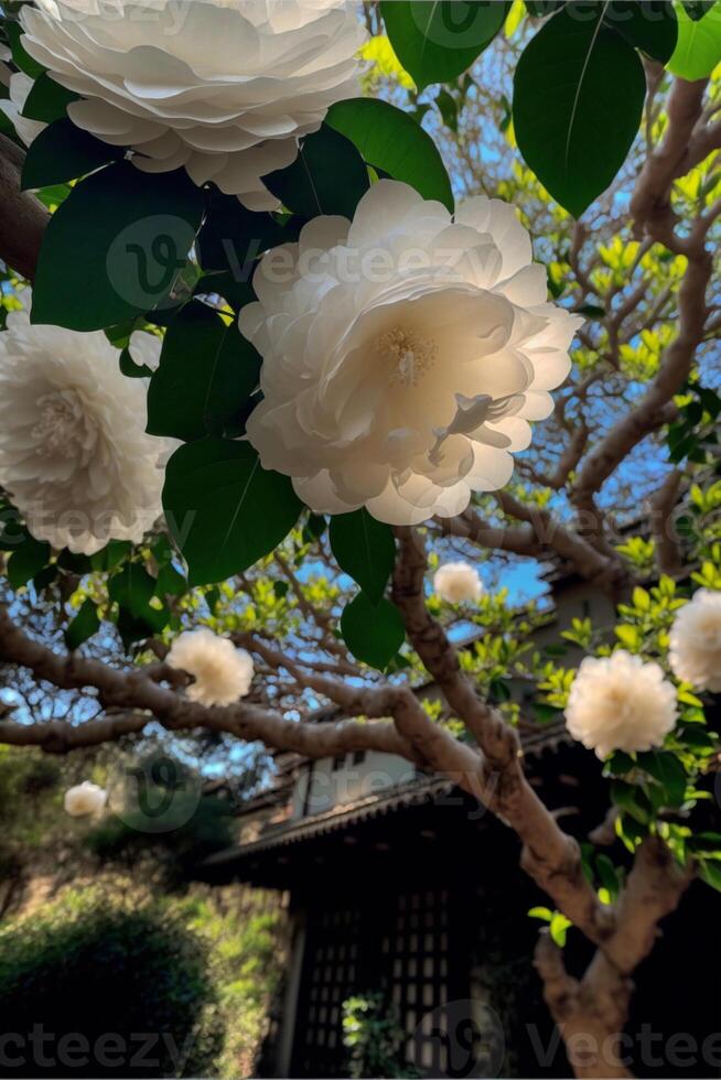 Bündel von Weiß Blumen hängend von ein Baum. generativ ai. foto