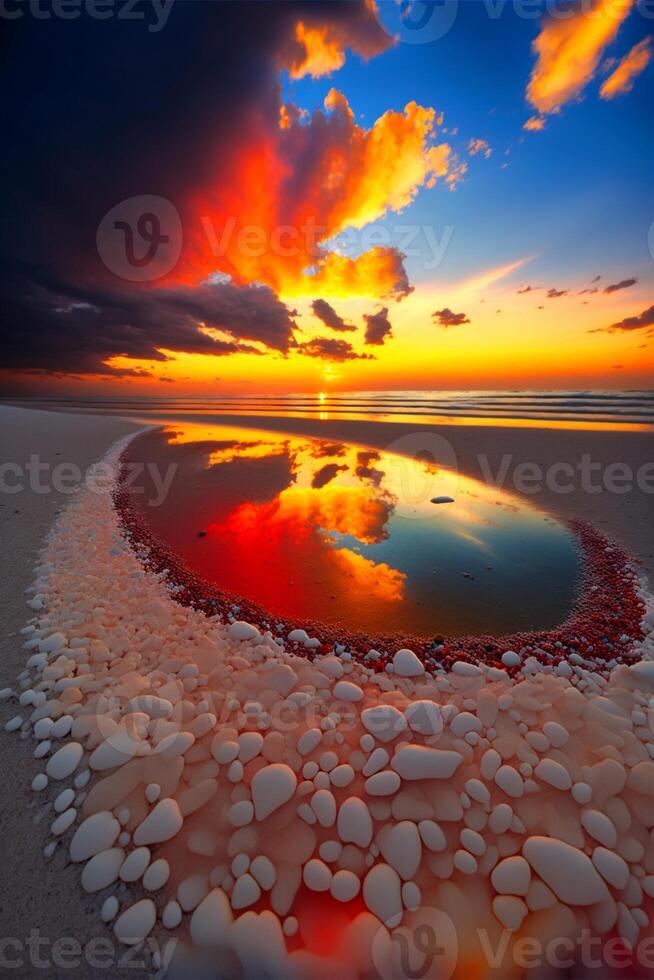 Körper von Wasser Sitzung auf oben von ein sandig Strand. generativ ai. foto