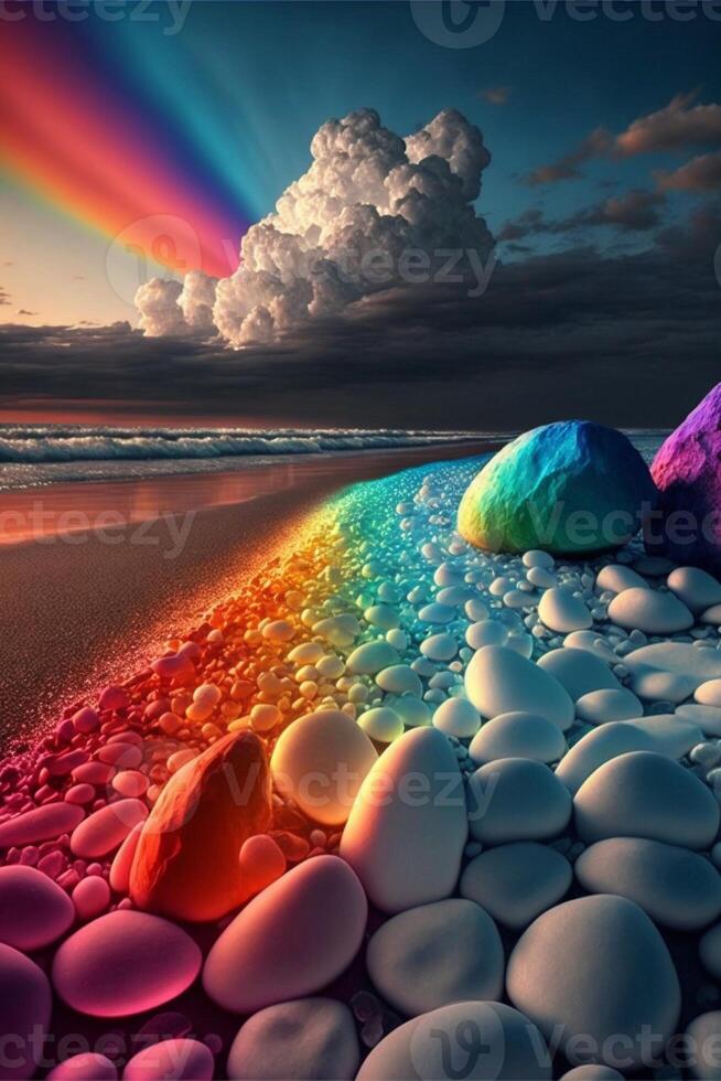 Regenbogen von Felsen auf ein Strand beim Sonnenuntergang. generativ ai. foto