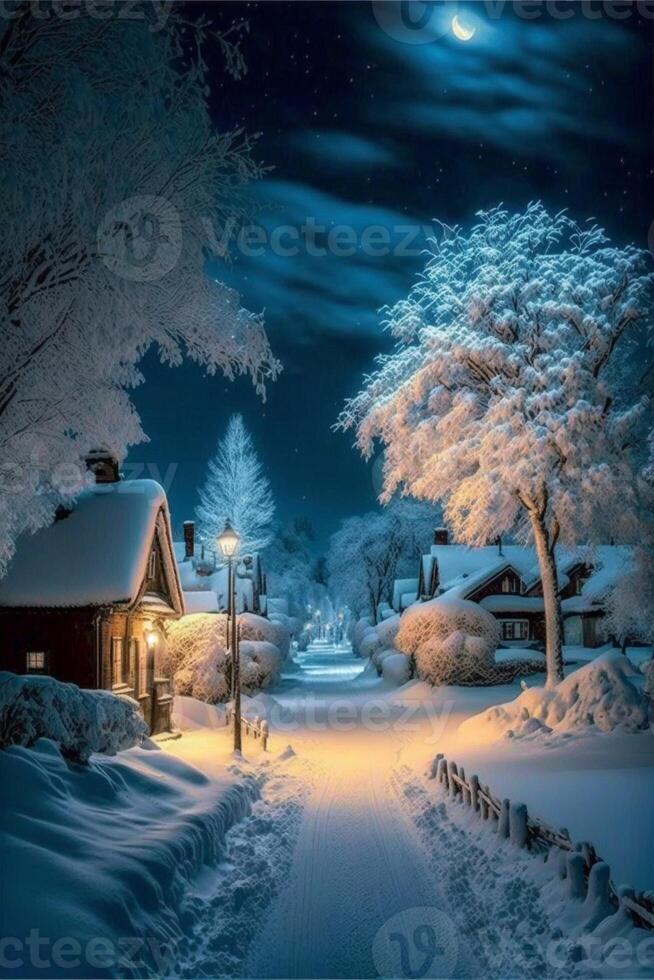 schneebedeckt Dorf beim Nacht mit ein voll Mond im das Himmel. generativ ai. foto