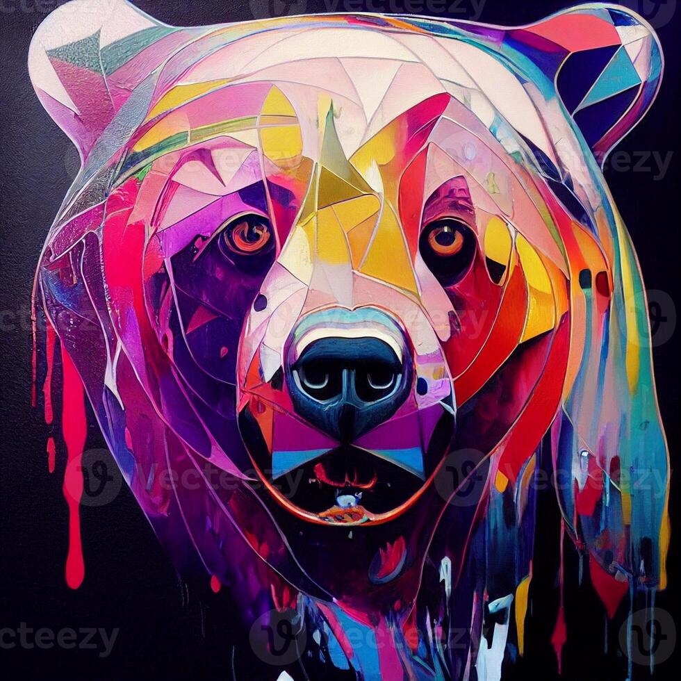 Gemälde von ein bunt Bär auf ein schwarz Hintergrund. generativ ai. foto