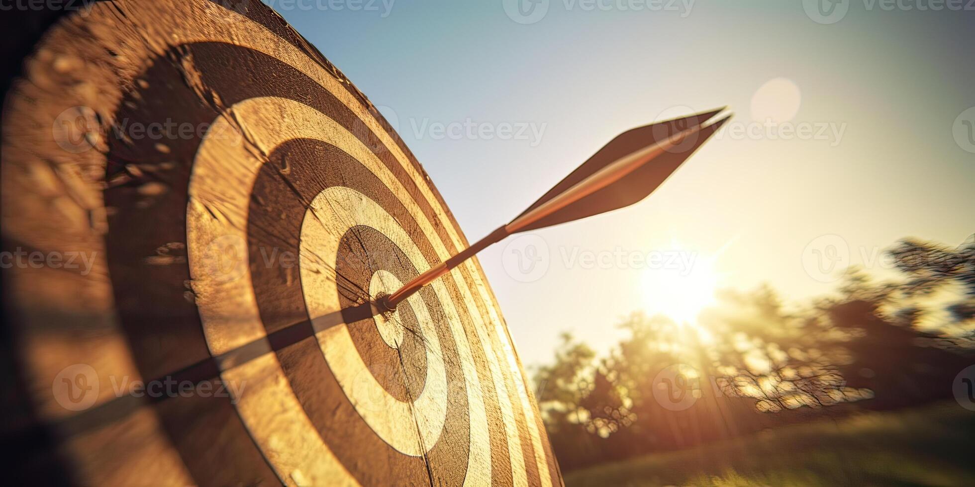 hoch Erfolg Konzept ein rot Pfeil Pfeil Ziele beim das Ziel im das Center von das Dartscheibe. Ziel schlagen im das Mitte. generativ ai. foto