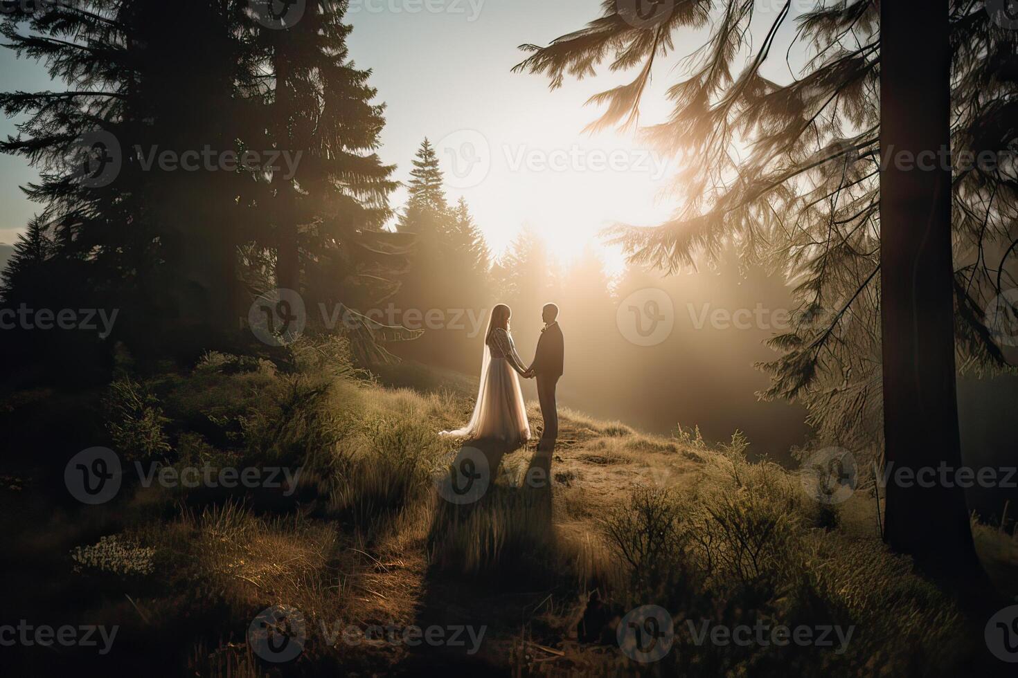 Hochzeit Silhouette Paar posieren auf Sonnenuntergang im schön Wald beim Hochzeit Tag. Braut und Bräutigam im Liebe. nicht existent Person. generativ ai. foto