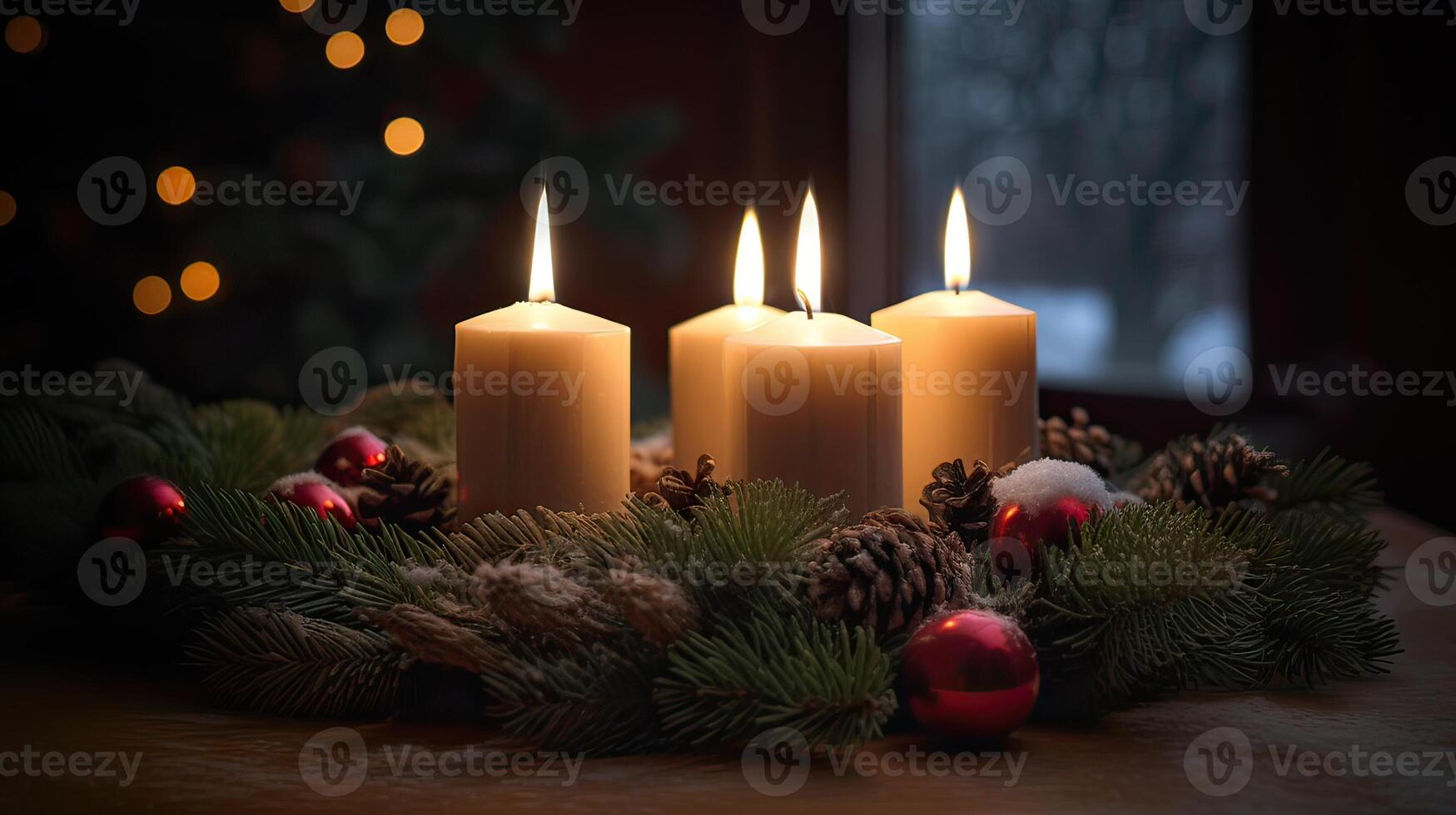 dritte Advent - - dekoriert Advent Kranz von immergrün Geäst mit Weiß Verbrennung Kerzen, Tradition im das Zeit Vor Weihnachten, Kopieren Raum, ausgewählt Fokus. generativ ai. foto