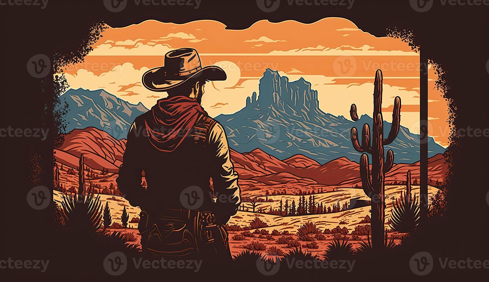 ai generiert. ai generativ. Western einheimisch amerikanisch Landschaft mit einsam Cowboy und desrt Felsen. wild Westen. Grafik Kunst foto