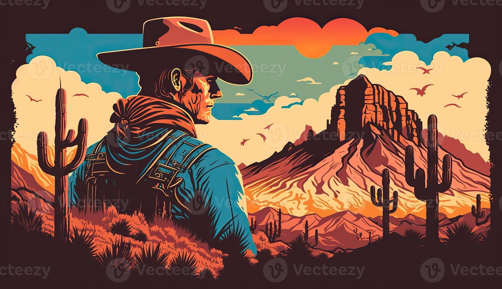 ai generiert. ai generativ. Western einheimisch amerikanisch Landschaft mit einsam Cowboy und desrt Felsen. wild Westen. Grafik Kunst foto