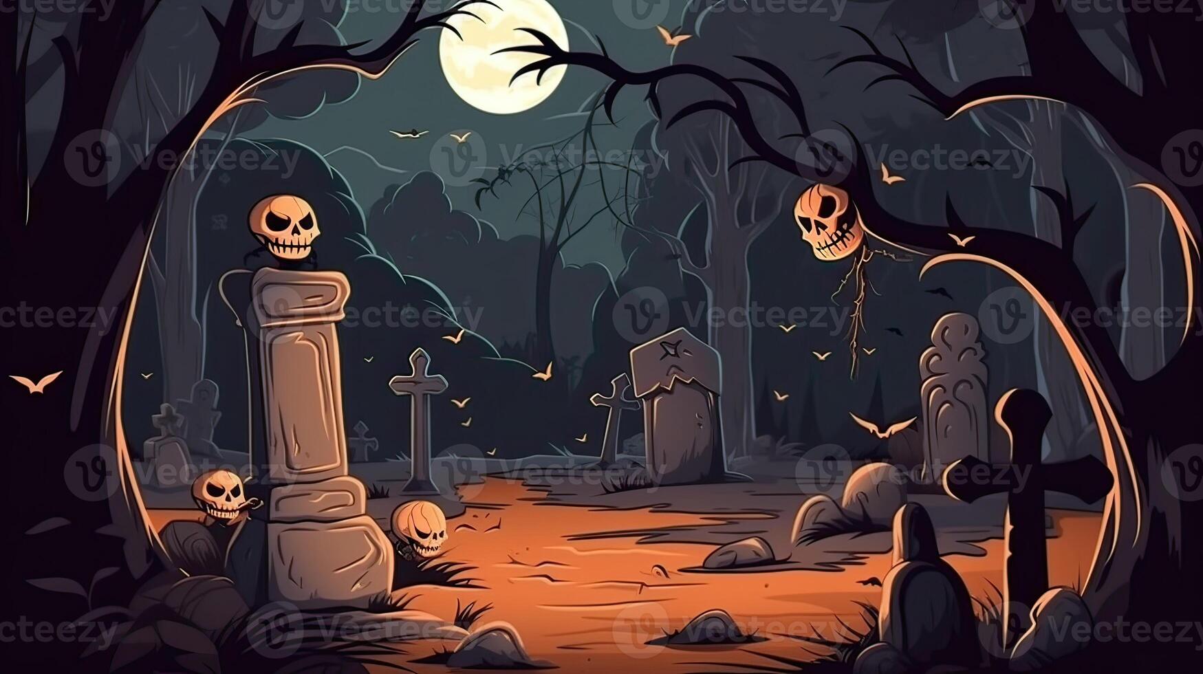 Kürbisse im Friedhof im das gespenstisch Nacht - - Halloween Hintergrund. generativ ai. foto