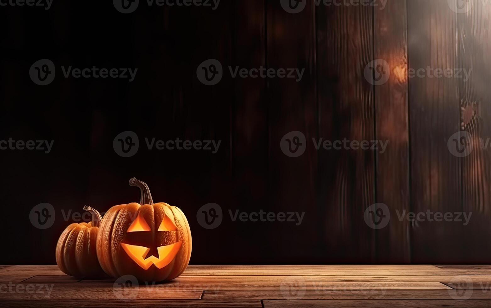 gespenstisch Halloween Kürbis, Jack Ö Laterne, mit ein böse Gesicht und Augen auf ein hölzern Bank, Tabelle mit ein neblig Nacht Hintergrund mit Raum zum Produkt Platzierung. generativ ai. foto