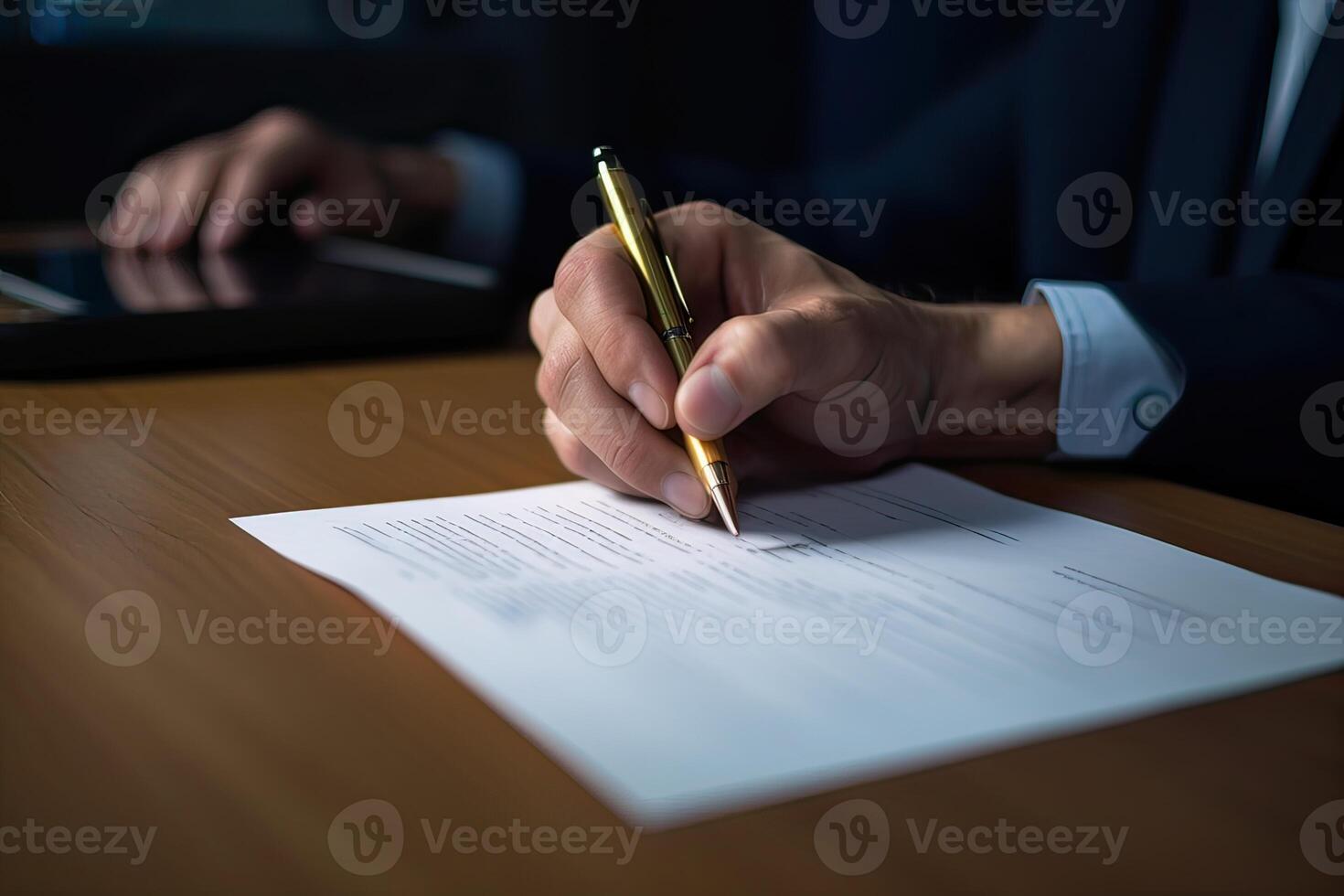 Nahansicht von Geschäftsperson Unterzeichnung Vertrag, Schreiben Papier beim das Schreibtisch mit Stift und lesen Bücher beim Tabelle mit Basic Geschäft bilden dokumentieren Arbeiten im Büro. generativ ai. foto