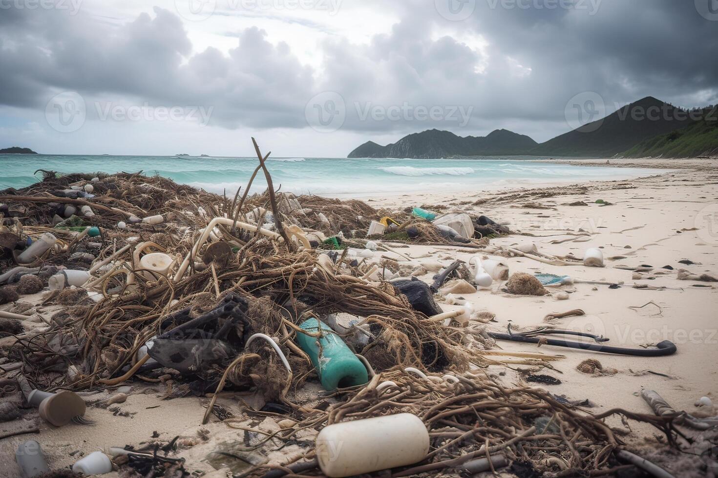 verschüttet Müll auf das Strand von das groß Stadt. leeren benutzt schmutzig Plastik Flaschen. schmutzig Meer sandig Ufer das schwarz Meer. Umwelt Verschmutzung. ökologisch Problem. generativ ai. foto