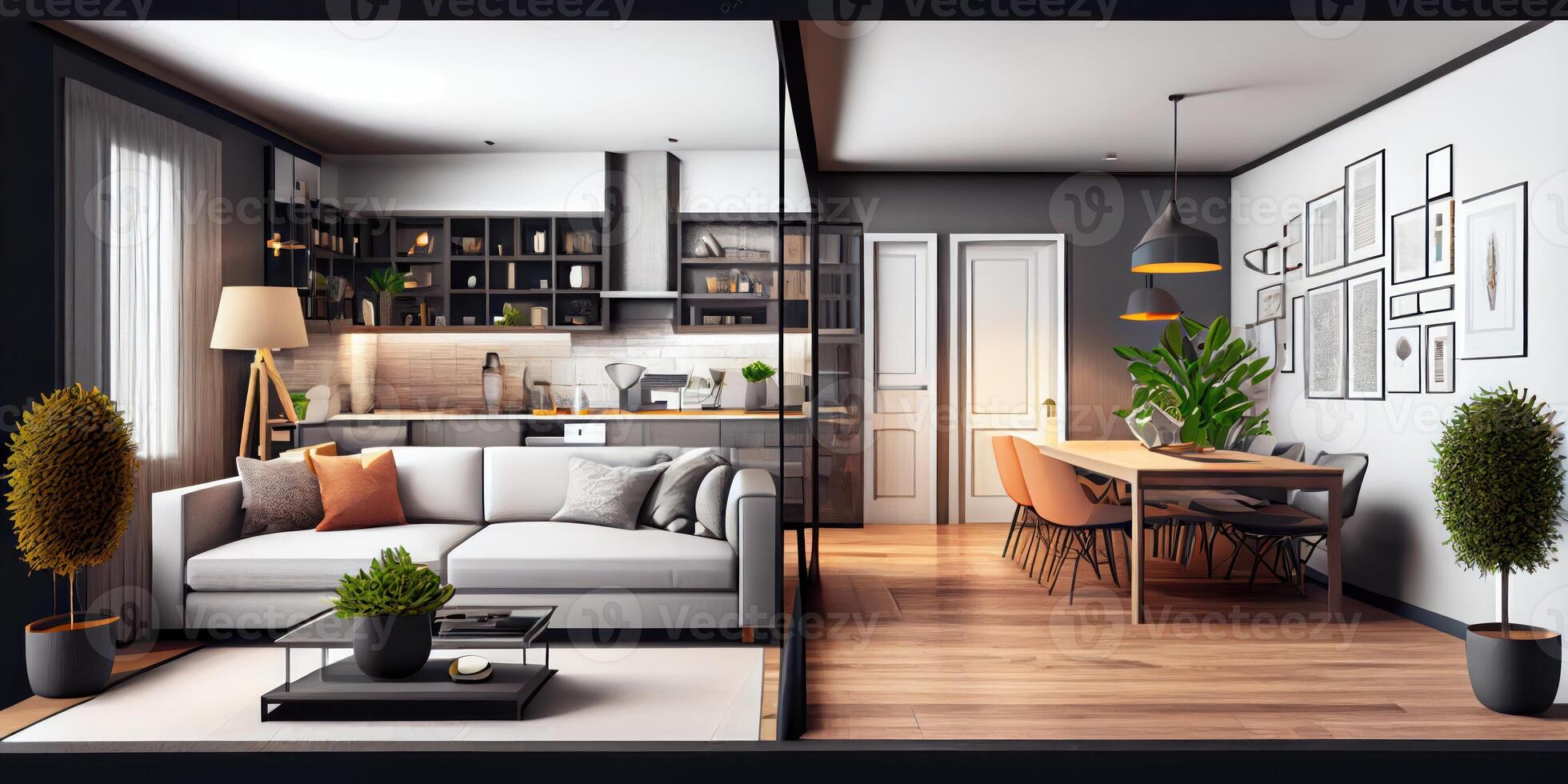 Innere Design von modern Wohnung, Leben Zimmer und Essen Zimmer. Zuhause Design. ai generiert foto