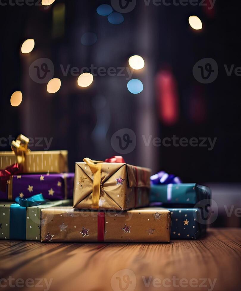 Weihnachten die Geschenke eingewickelt im bunt Papier mit Band auf hölzern Tabelle Hintergrund und Bokeh. Platz zum Typografie und Logo. Kopieren Raum. generativ ai. foto
