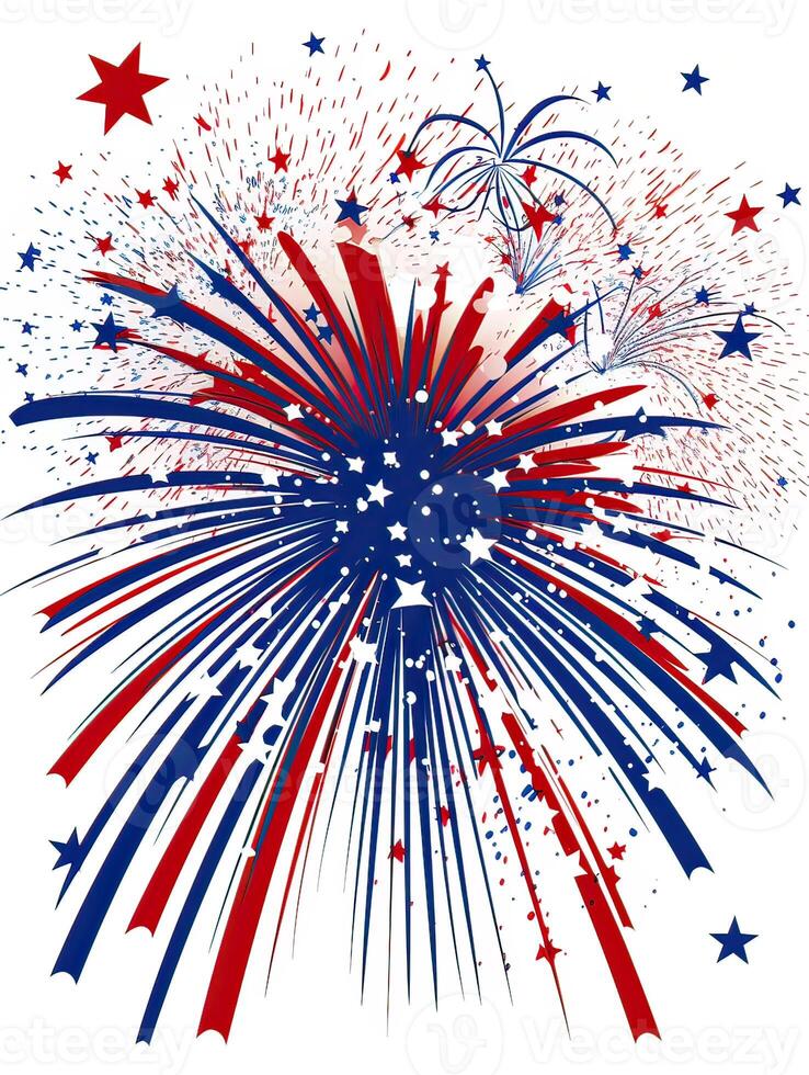 4 .. von Juli, Unabhängigkeit Tag - - Gruß Design mit USA patriotisch Farben Feuerwerk platzen Strahlen. können Sein benutzt zum T-Shirt Grafik, drucken. Vektor Illustration. generativ ai. foto