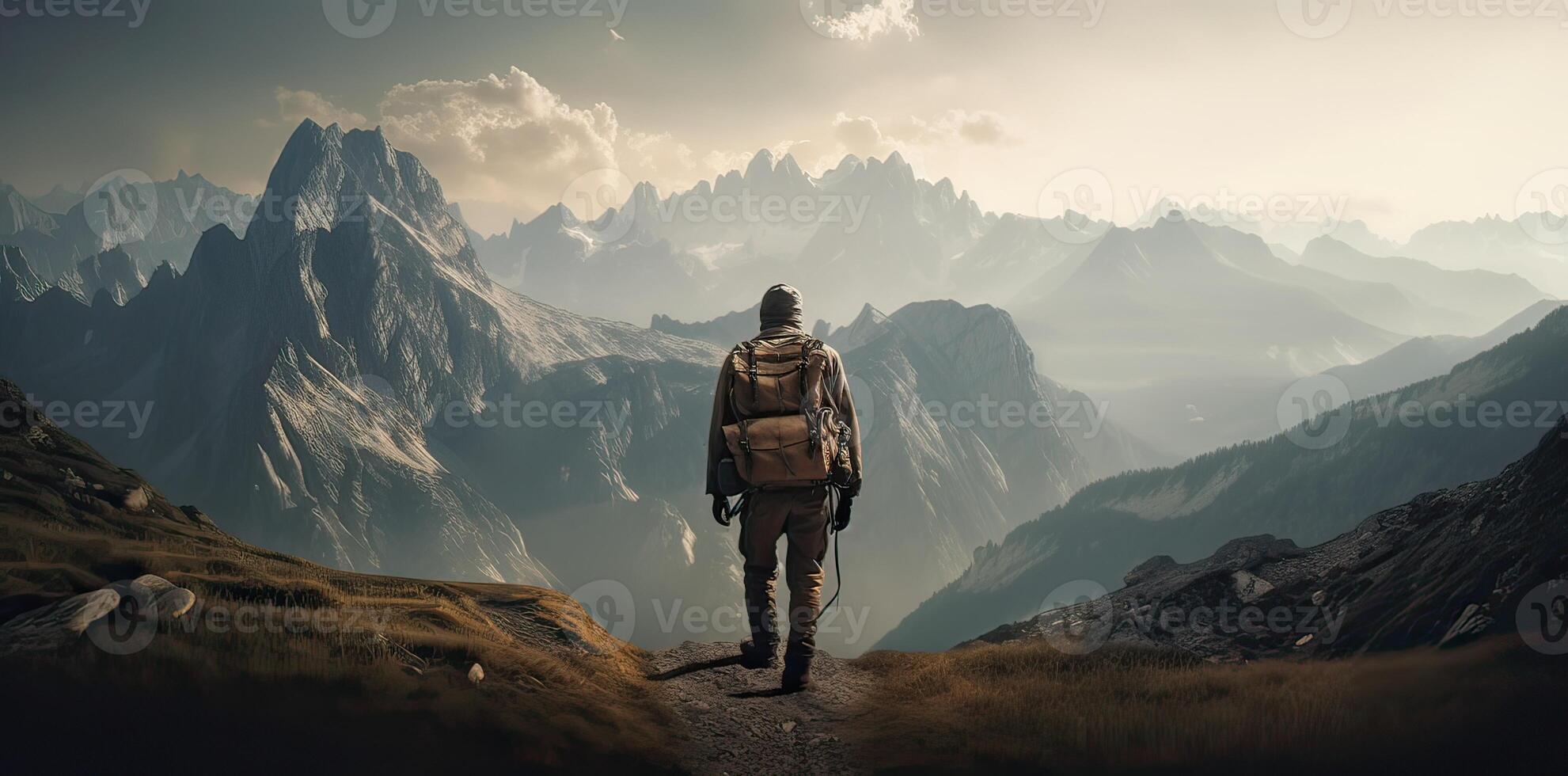 sportlich Mann auf das Berg Gipfel suchen auf Berg Senke mit Sonnenstrahlen beim bunt Sonnenuntergang im Herbst. Landschaft Reisender, nebelig Hügel, Wald im fallen, tolle Himmel und Sonnenlicht im fallen. generativ ai foto