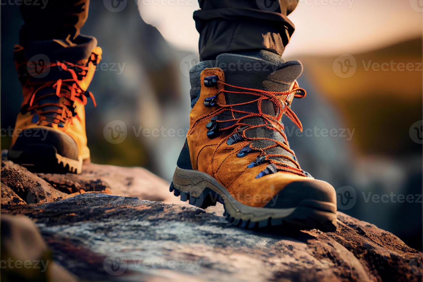 Paar von Wandern Stiefel Stehen auf ein Felsen. generativ ai. foto