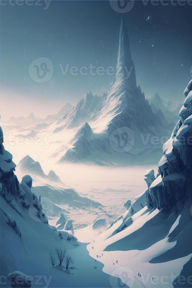 Mann Stehen auf oben von ein Schnee bedeckt Berg. generativ ai. foto