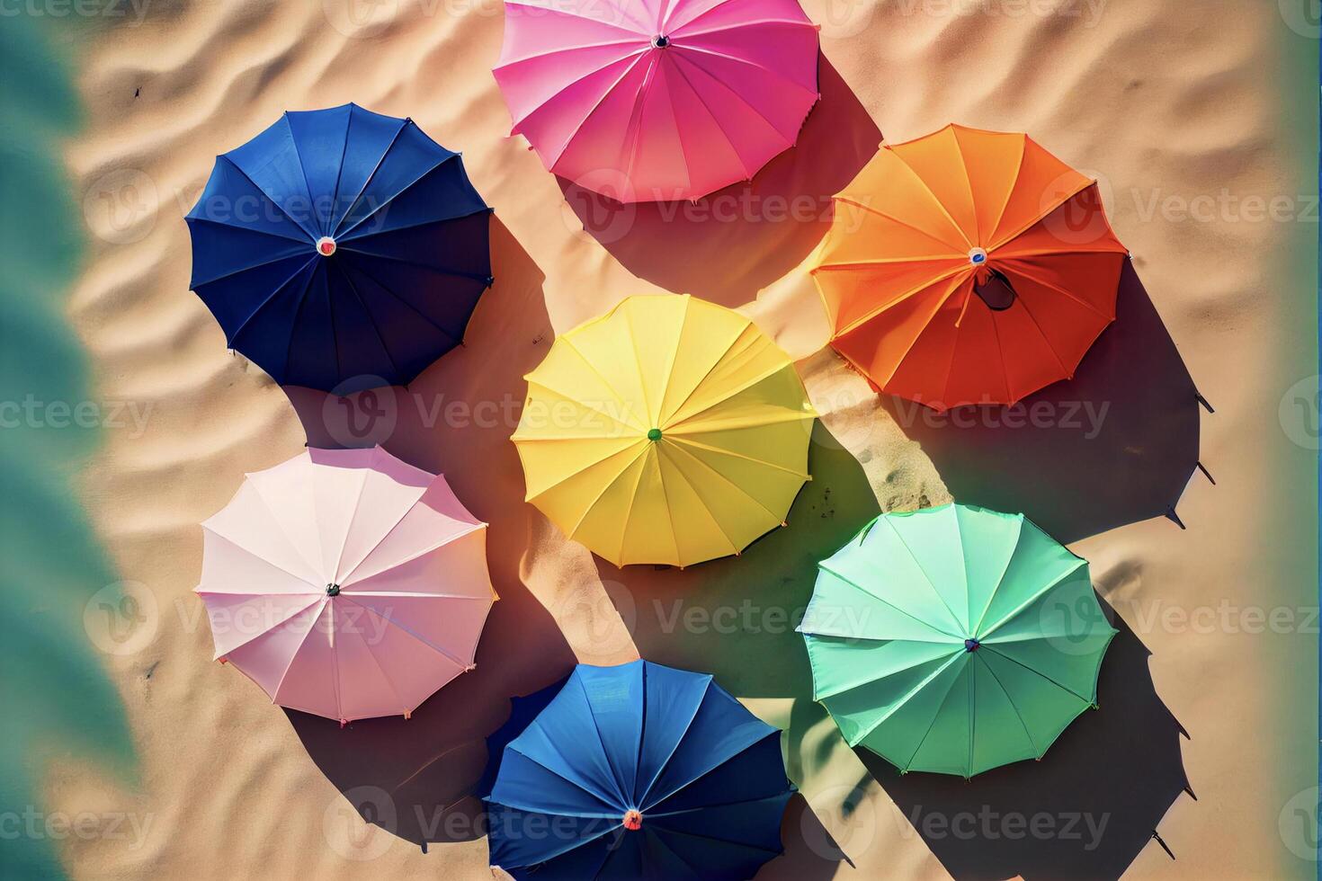 Gruppe von bunt Regenschirme Sitzung auf oben von ein sandig Strand. generativ ai. foto