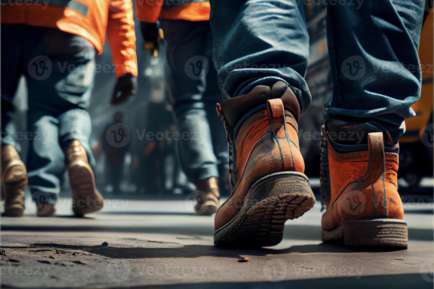 Gruppe von Konstruktion Arbeitskräfte Gehen Nieder ein Straße. generativ ai. foto