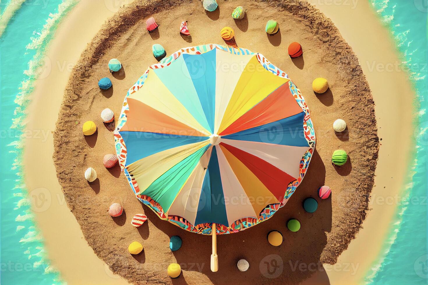 bunt Regenschirm Sitzung auf oben von ein sandig Strand. generativ ai. foto