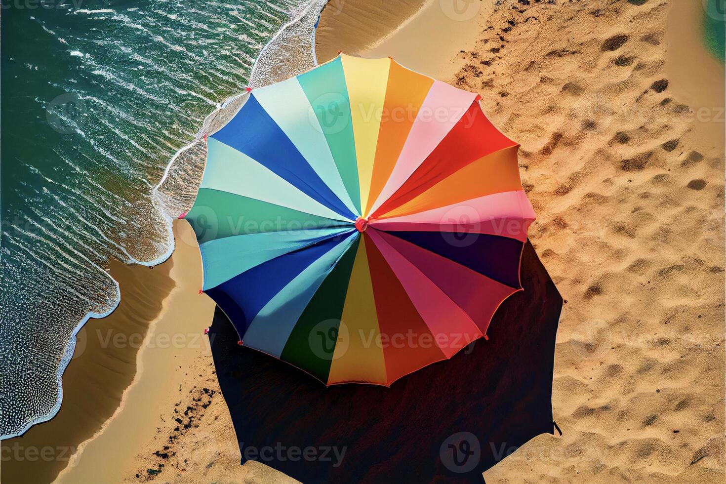 bunt Regenschirm Sitzung auf oben von ein sandig Strand. generativ ai. foto