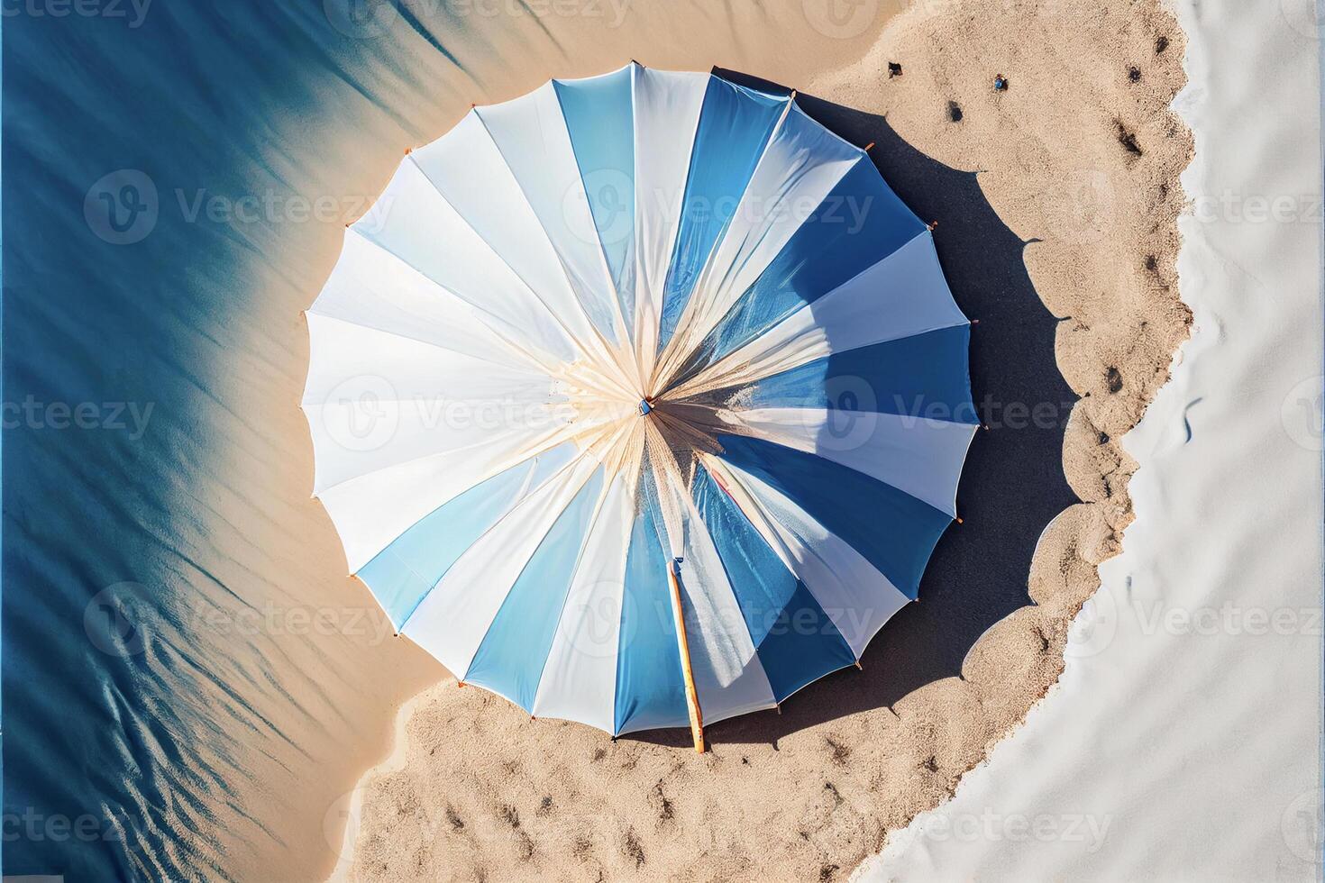 Blau und Weiß Regenschirm Sitzung auf oben von ein sandig Strand. generativ ai. foto