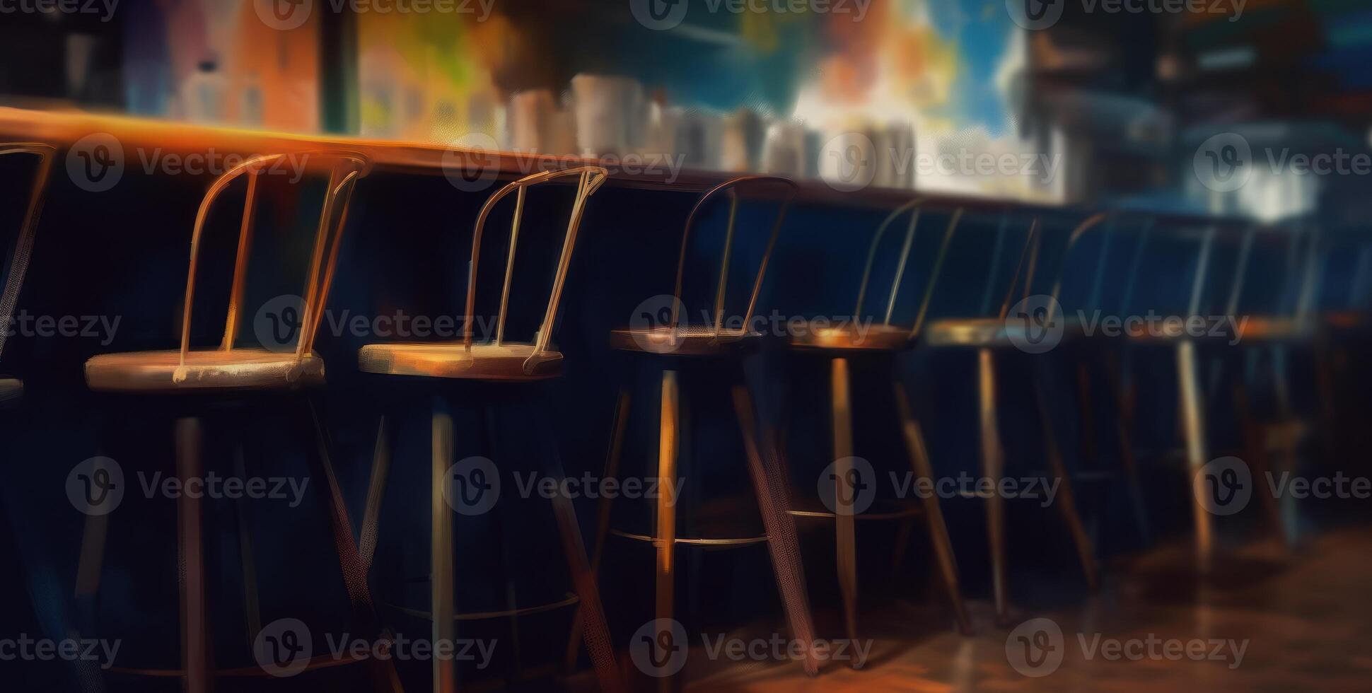 schwach zündete Kneipe Innere weckt Wärme, mit es ist Bar Zähler und hölzern Stühle. generativ ai foto